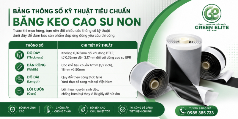 Thông số kỹ thuật băng keo cao su non