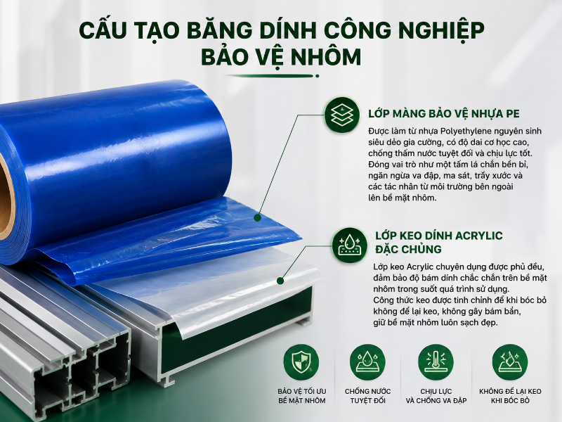 Cấu tạo của băng keo bảo vệ bề mặt nhôm