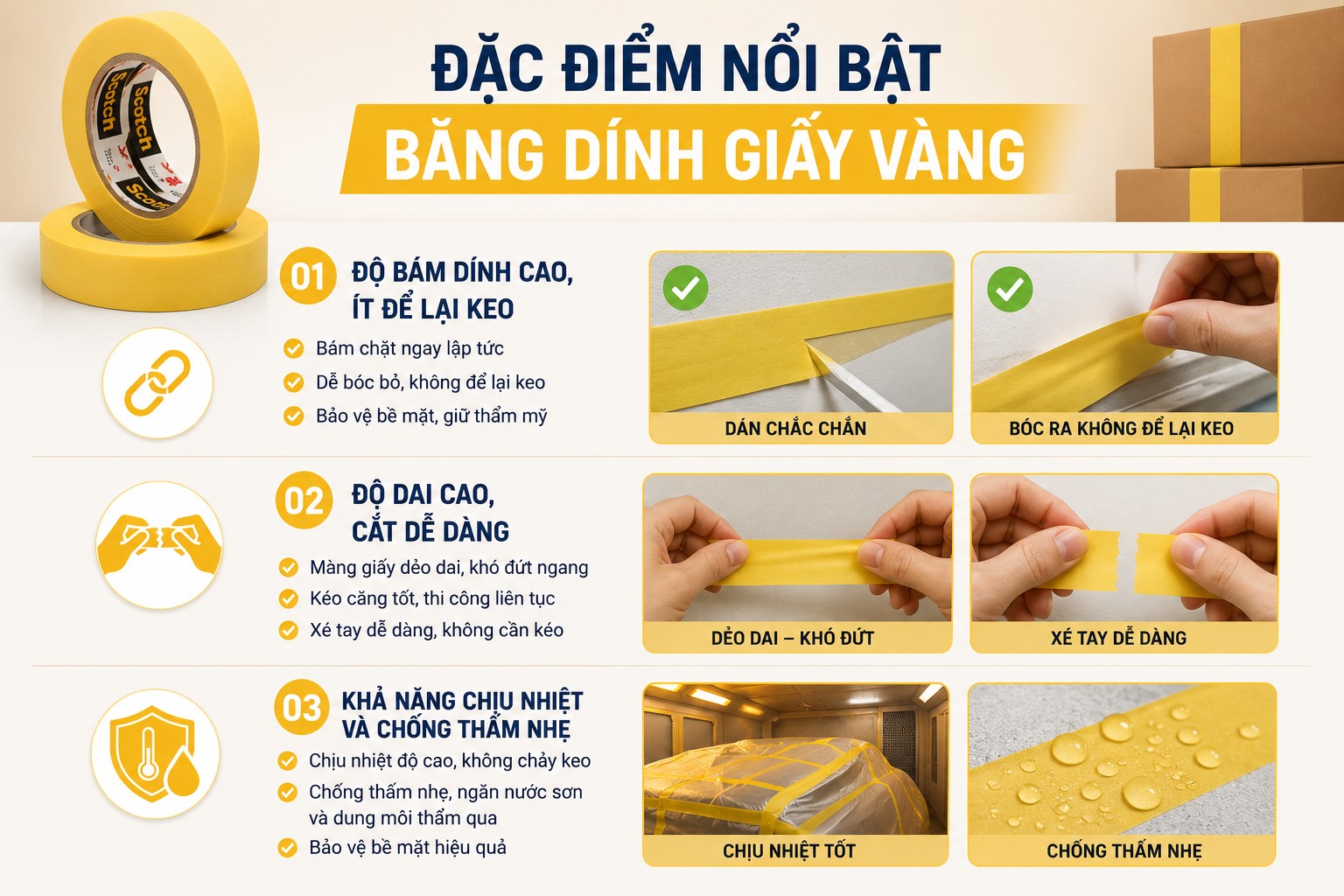 Đặc điểm nổi bật băng keo giấy màu vàng