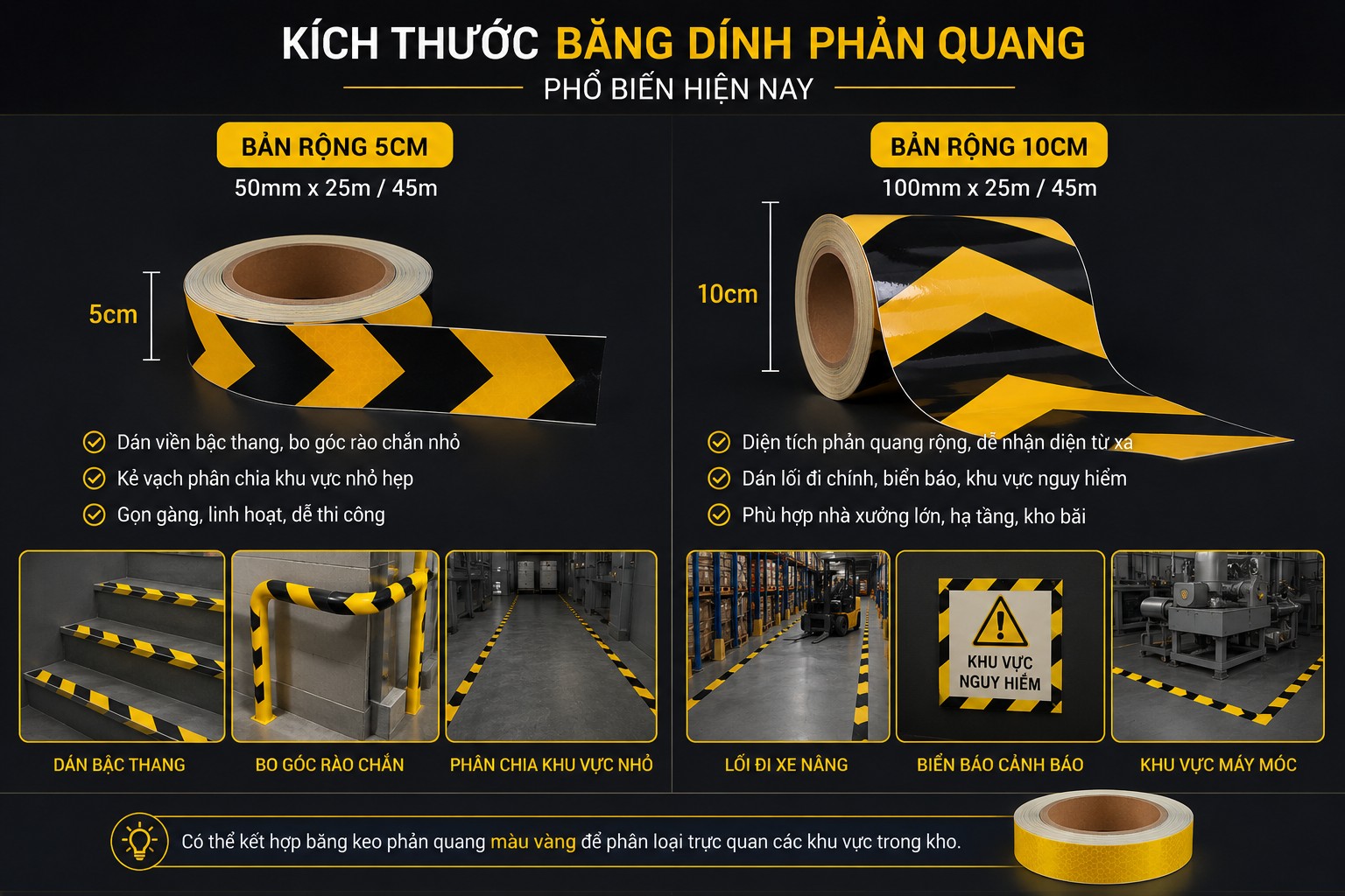 Kích thước băng dính phản quang vàng đen