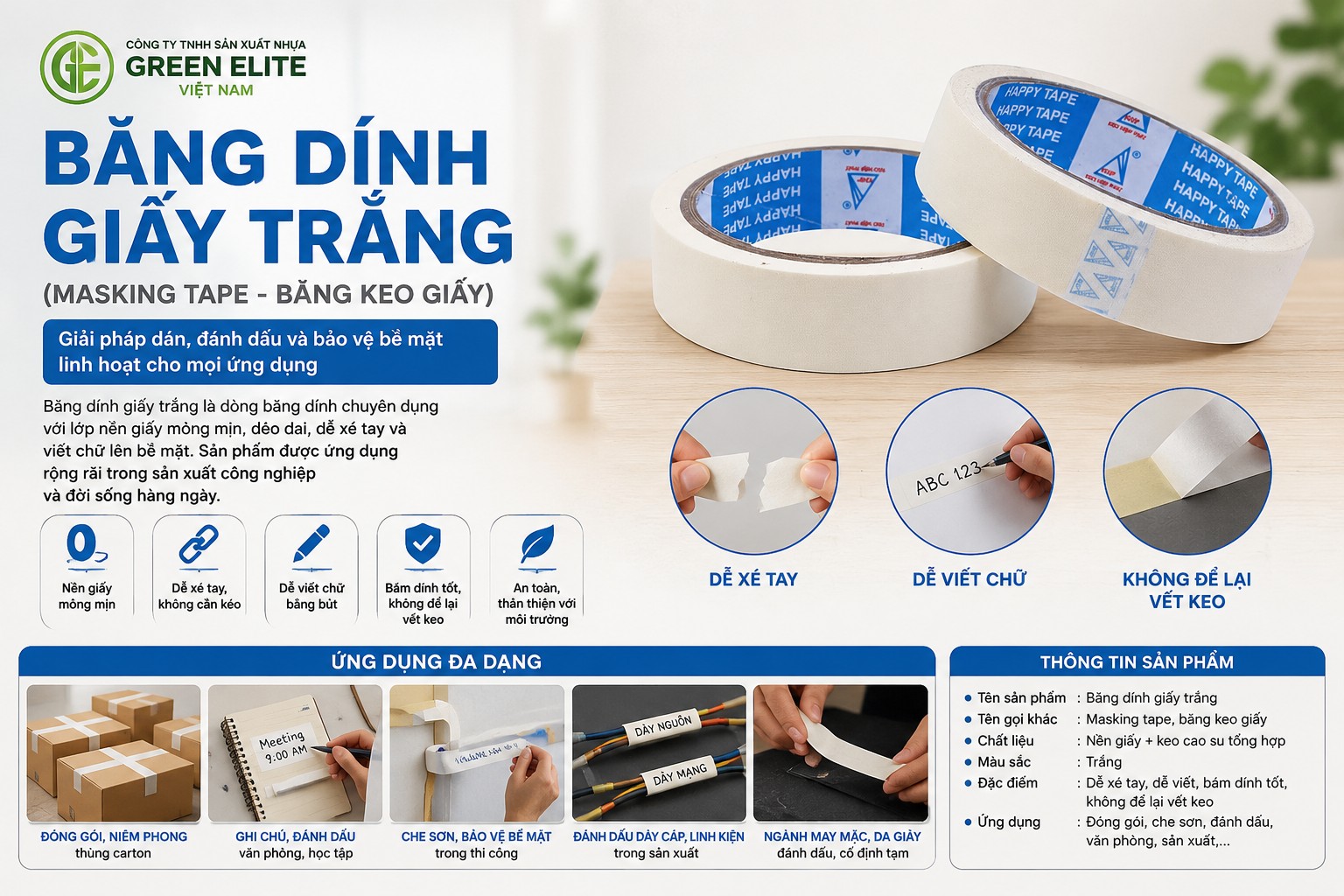 Thông tin băng dính giấy màu trắng