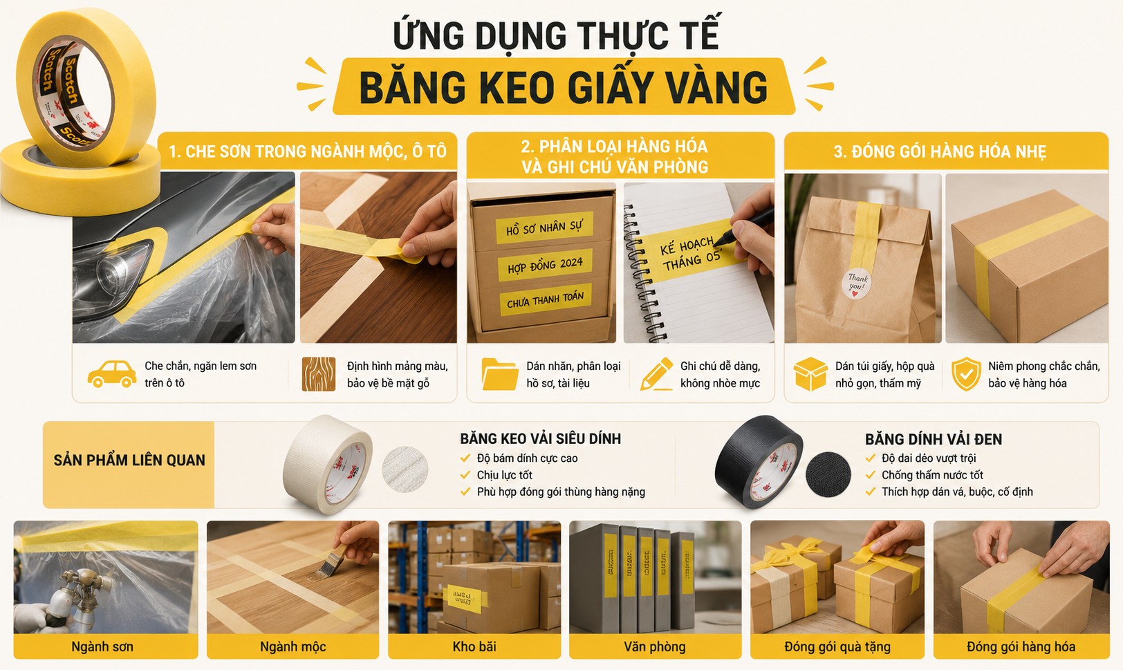 Ứng dụng thực tế của dòng băng dính giấy màu vàng