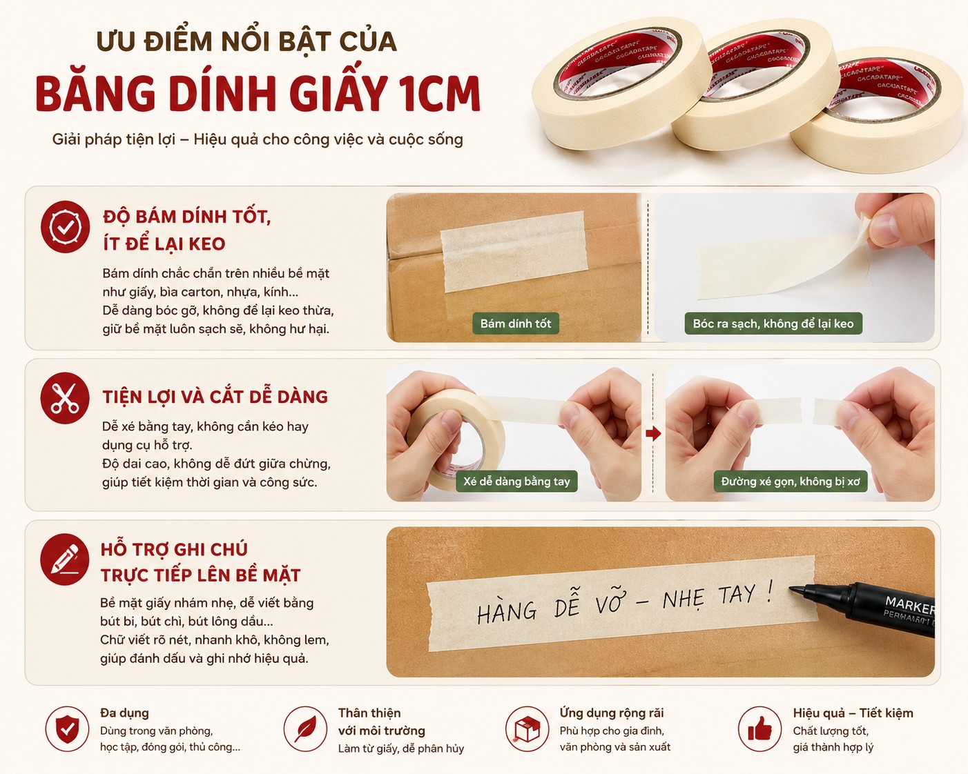 Ưu điểm của băng dính giấy 1cm